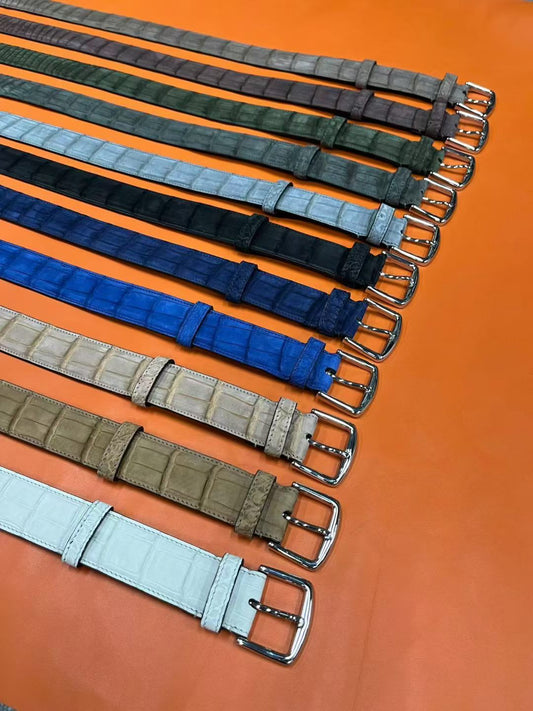 alligator nubuck belts in eleven colors with silver buckles