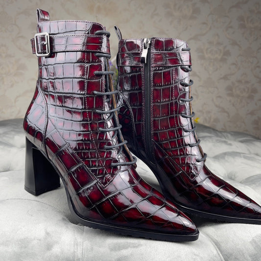 Alligator Leather Ankle Boots: Burgundy Lace-Up Style