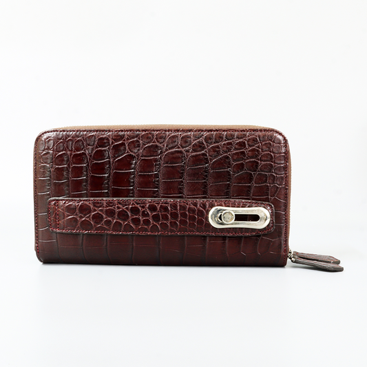 Genuine Leather Crocodile Skin Long Wallet 2 Zip-Around Clutch Handbag, Brown 2