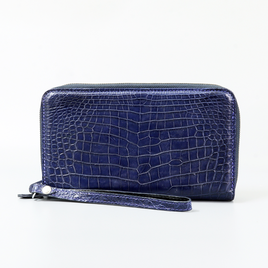 Genuine Leather Crocodile Skin Long Wallet 2 Zip-Around Clutch Handbag, Navy Blue