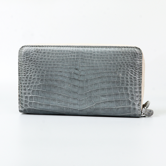 Genuine Leather Crocodile Skin Long Wallet 2 Zip-Around Clutch Handbag, Gray