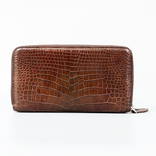 Genuine Leather Crocodile Skin Long Wallet 2 Zip-Around Clutch Handbag, Brown 3