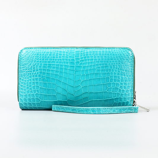 Genuine Leather Crocodile Skin Long Wallet 2 Zip-Around Clutch Handbag, Blue