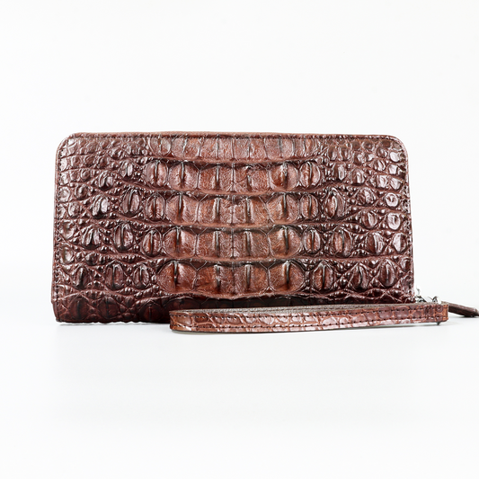 Genuine Leather Crocodile Skin Long Wallet 2 Zip-Around Clutch Handbag, Brown 4