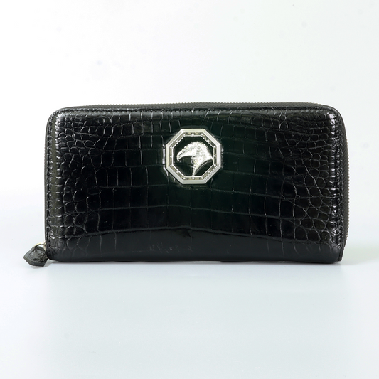 Genuine Leather Crocodile Skin Long Wallet 2 Zip-Around Clutch Handbag, Black 4