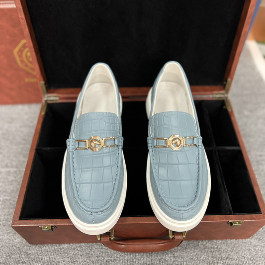 Men's Genuine Crocodile Leather Slip On Loafer Bit Shoes Baby Blue