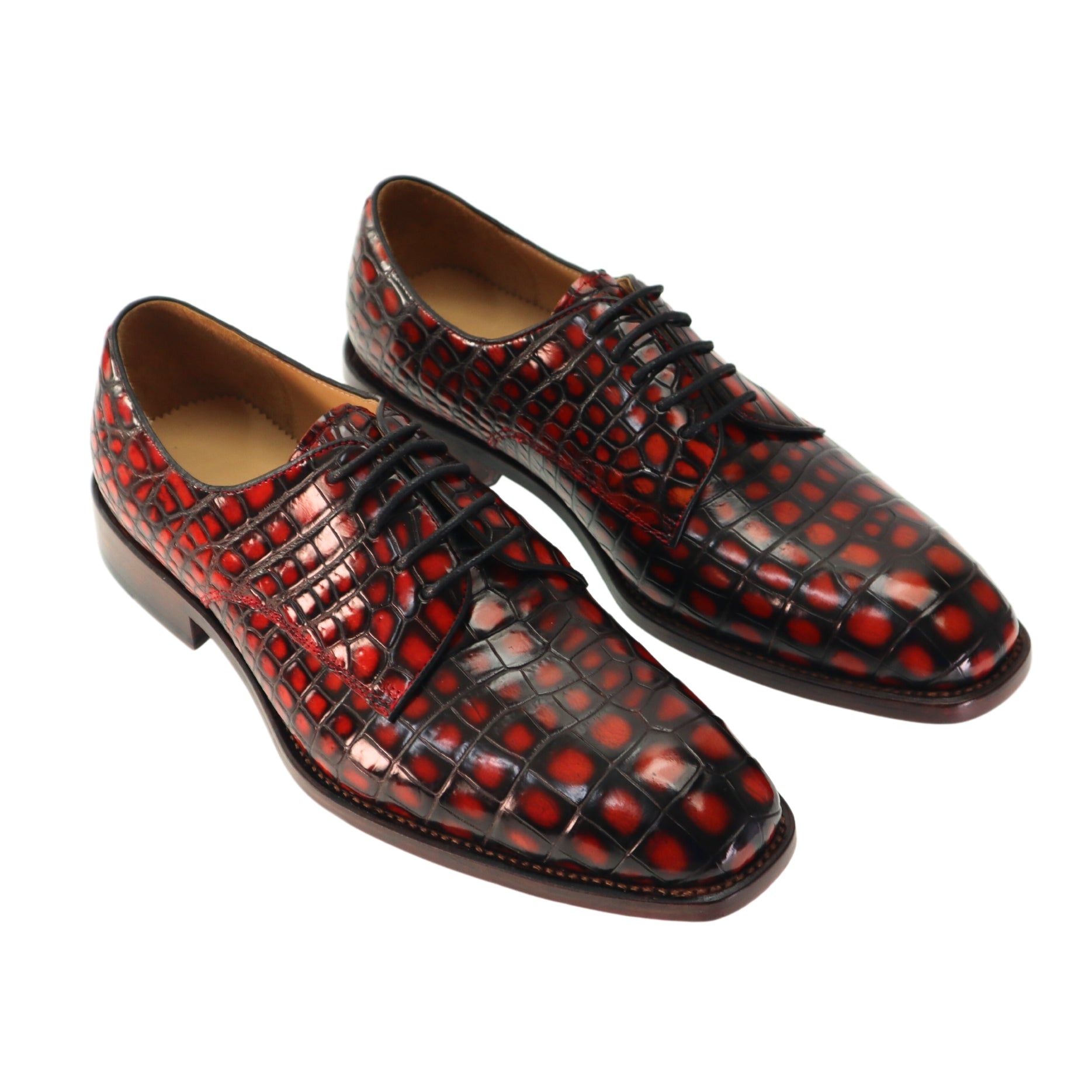 Genuine Alligator Leather Men’s Derby Perforated Lace-Up Dress Shoes Red Patina Alligator Men Shoes