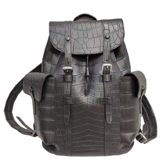 Handcrafted Alligator Belly Matte Leather Backpack Shoulder Bag Travel Bag Black