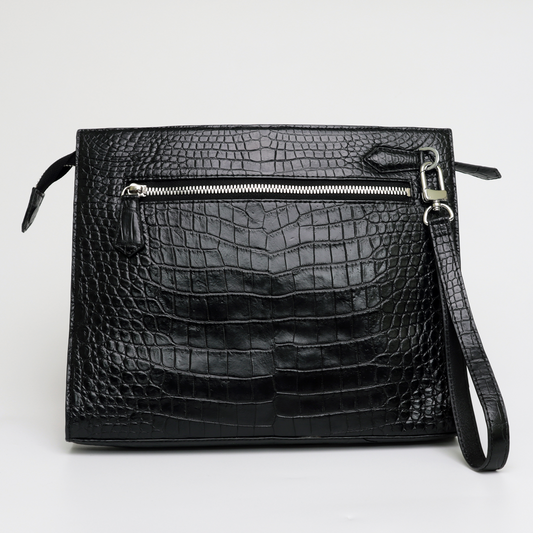 Black Stylish Large Crocodile Clutch Wallet: Envelope Flap Briefcase Purse Bag