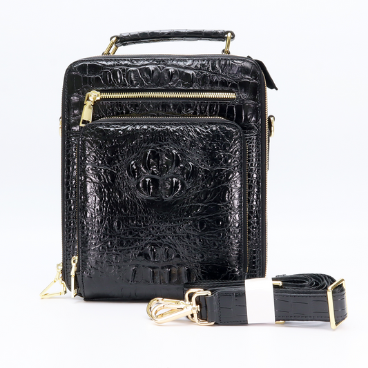 Genuine Black Crocodile Skin Mens Belly Shoulder Messenger Crossbody Bag Handbag