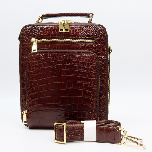 Genuine Brown Crocodile Skin Mens Belly Shoulder Messenger Crossbody Bag Handbag