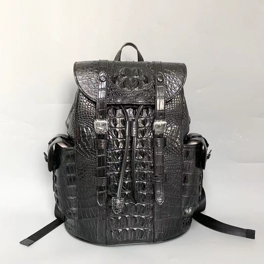 Handcrafted Crocodile Alligator Leather Backpack Shoulder Bag Travel Bag Black