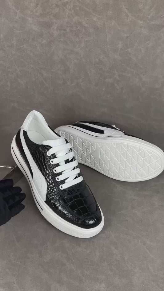 Men’s Shoes Genuine Alligator Leather Sneakers Lace-up Shoes for Men | Black #S592