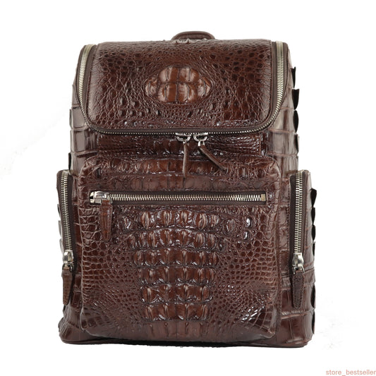 Crocodile Backpack: Men’s Genuine Crocodile Skin Casual Travel Bag, Extra Capacity Dark Brown