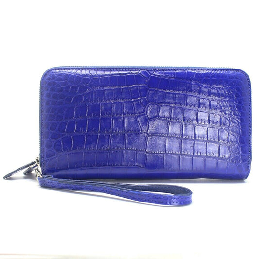 Genuine Crocodile Alligator Belly Leather Man 2 Zipper Blue Clutch Long Wallet