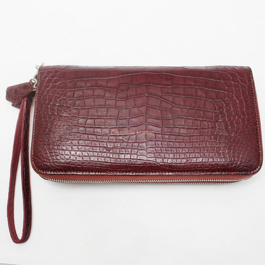 Genuine Leather Crocodile Skin Long Wallet 2 Zip-Around Clutch Handbag, Burgundy