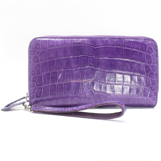 Genuine Leather Crocodile Skin Long Wallet 2 Zip-Around Clutch Handbag, Purple