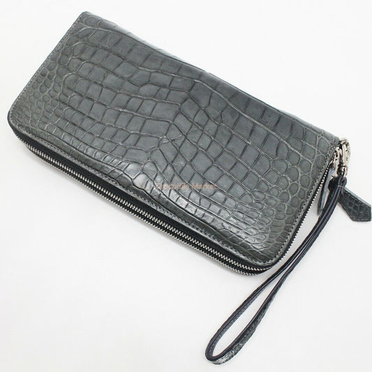Genuine Leather Crocodile Skin Long Wallet 2 Zip-Around Clutch Handbag, Gray