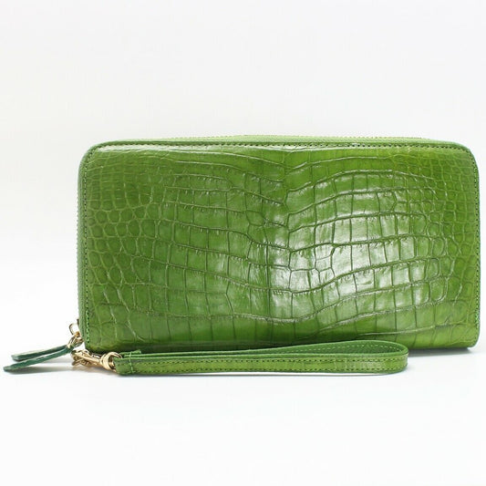 Genuine Crocodile Alligator Belly Leather Man 2 Zipper Green Clutch Long Wallet