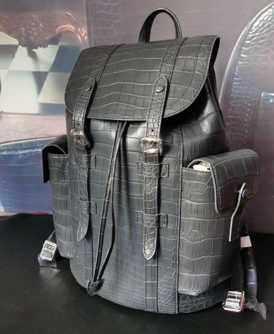 Handcrafted Alligator Skin Leather Backpack Shoulder Bag Travel Bag Gray  #B0939