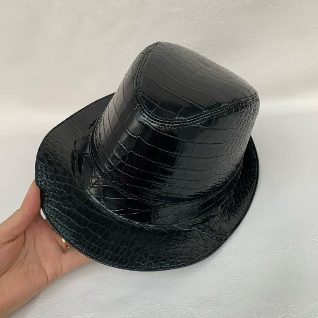 black genuine alligator leather fedora hat with structured crown and medium brim