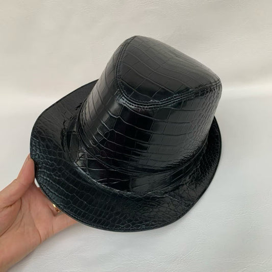 black genuine alligator leather fedora hat with structured crown and medium brim