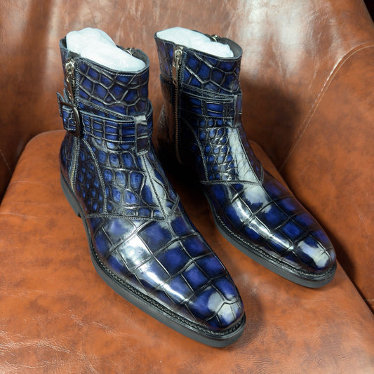 patina blue genuine alligator leather ankle boots with double buckles for men