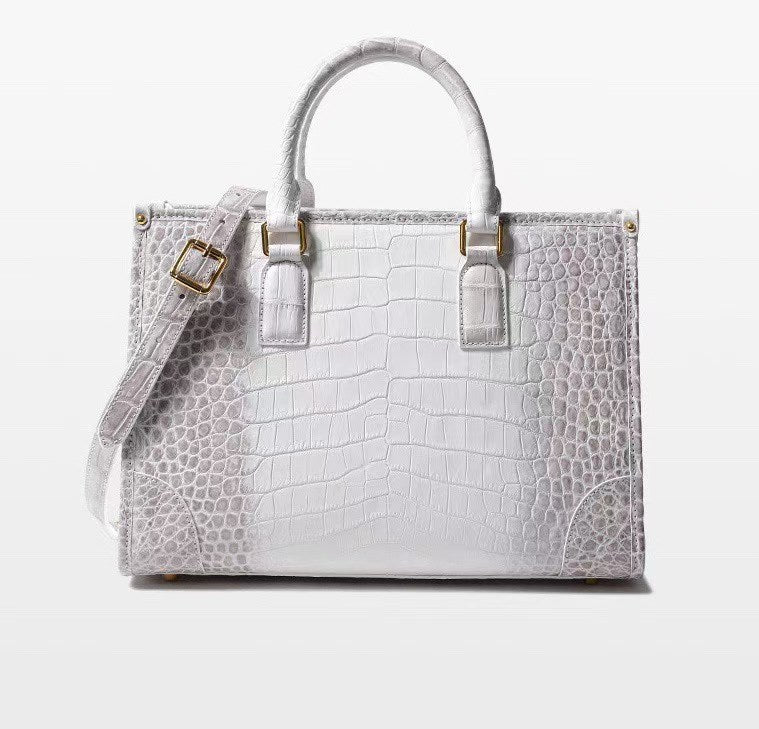 Himalayan white genuine crocodile belly leather structured tote handbag with gold hardware for women