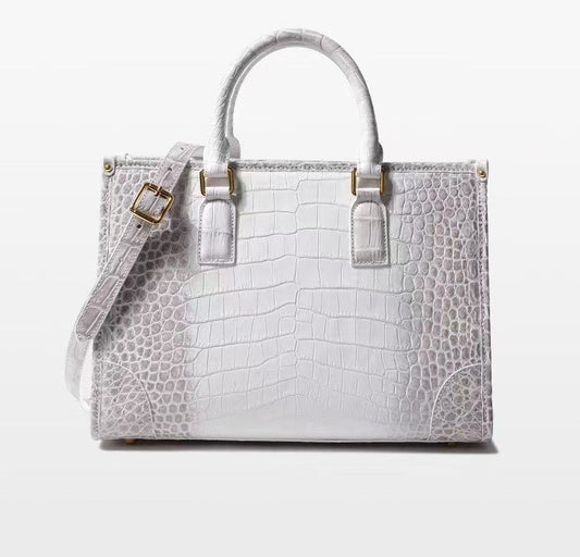 Himalayan white genuine crocodile belly leather structured tote handbag with gold hardware for women