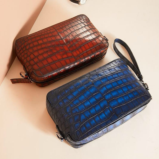 tobacco and crescent blue genuine alligator belly leather shoulder bags for men