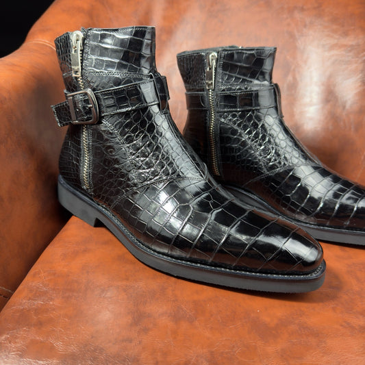 black genuine alligator leather jodhpur boots for men with dual zippers and wraparound buckle