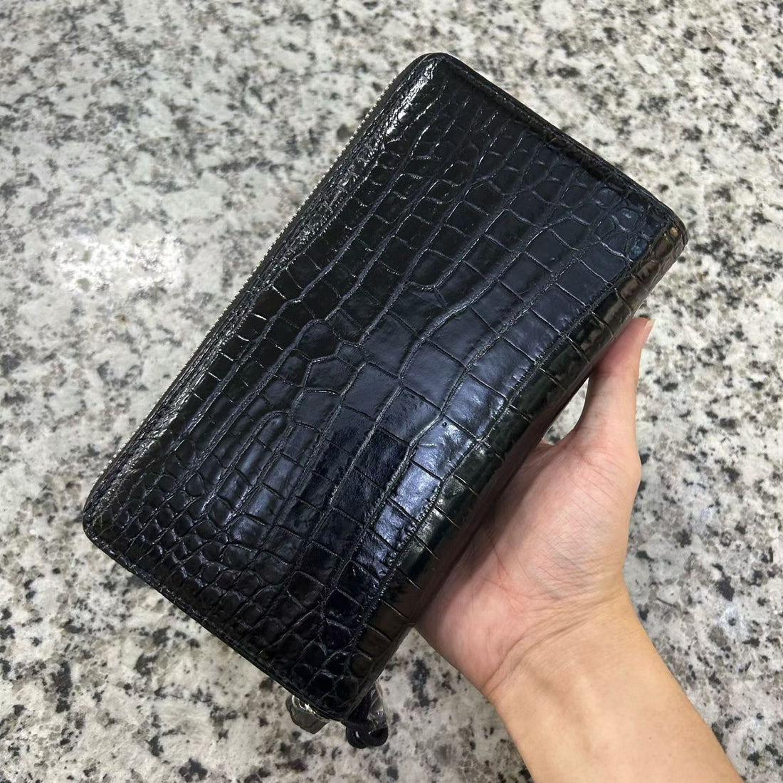 black genuine alligator leather double-zip clutch bag for men with glossy finish and wrist strap
