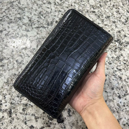 black genuine alligator leather double-zip clutch bag for men with glossy finish and wrist strap