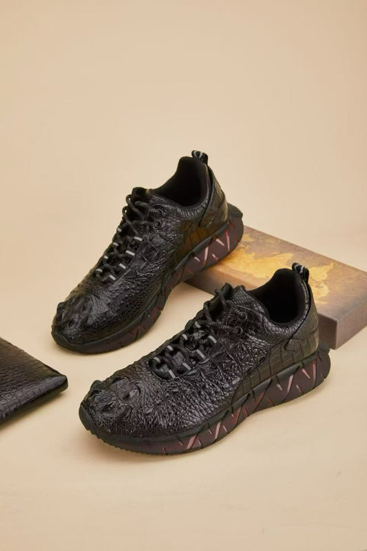 black genuine crocodile leather athletic sneakers with chunky rubber sole