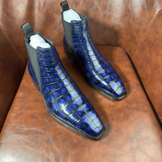 blue patina genuine alligator leather Chelsea boots for men