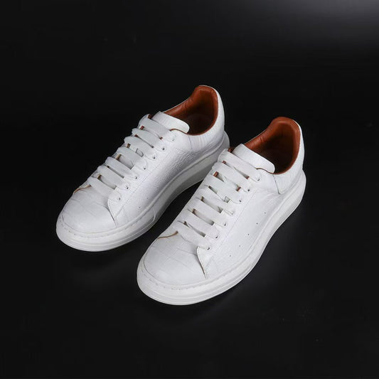 white genuine alligator leather low-top sneakers with tan lining