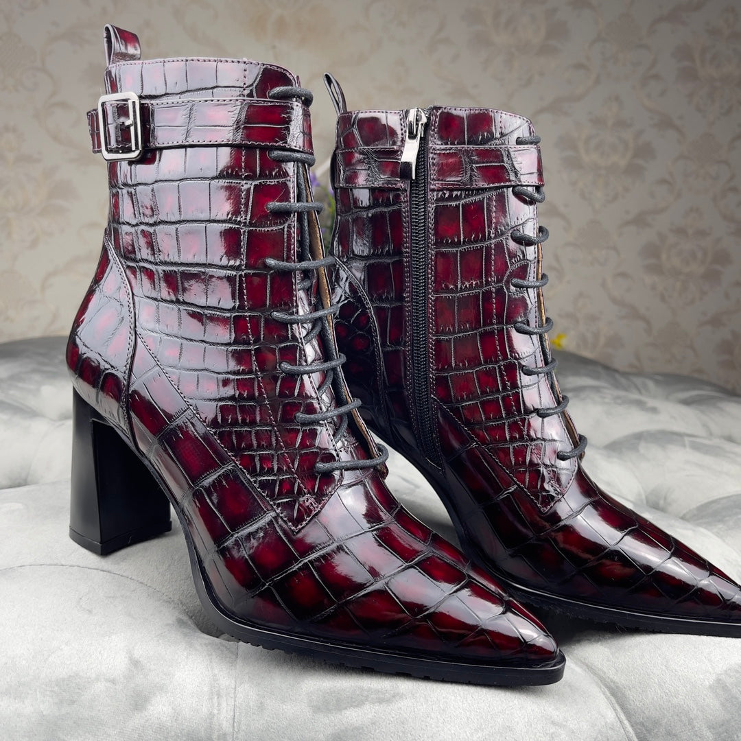 Alligator Leather Ankle Boots: Burgundy Lace-Up Style