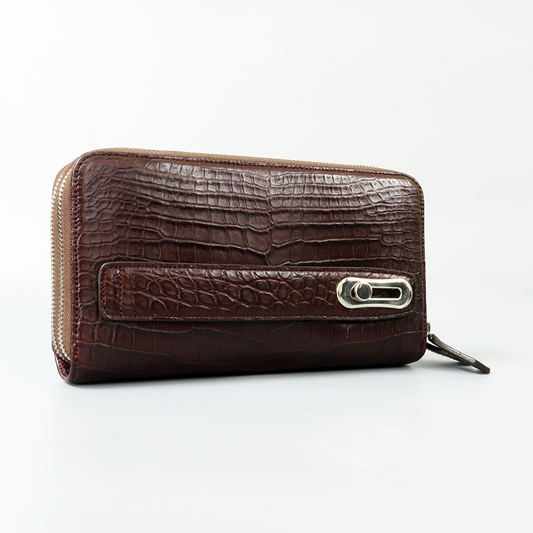 Genuine Leather Crocodile Skin Long Wallet 2 Zip-Around Clutch Handbag, Brown