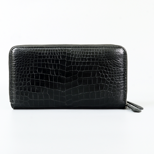 Genuine Leather Crocodile Skin Long Wallet 2 Zip-Around Clutch Handbag, Black