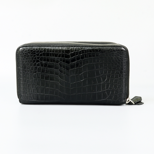 Genuine Leather Crocodile Skin Long Wallet 2 Zip-Around Clutch Handbag, Black 2