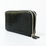 Genuine Leather Crocodile Skin Long Wallet 2 Zip-Around Clutch Handbag, Black 2