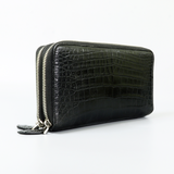 Genuine Leather Crocodile Skin Long Wallet 2 Zip-Around Clutch Handbag, Black 2