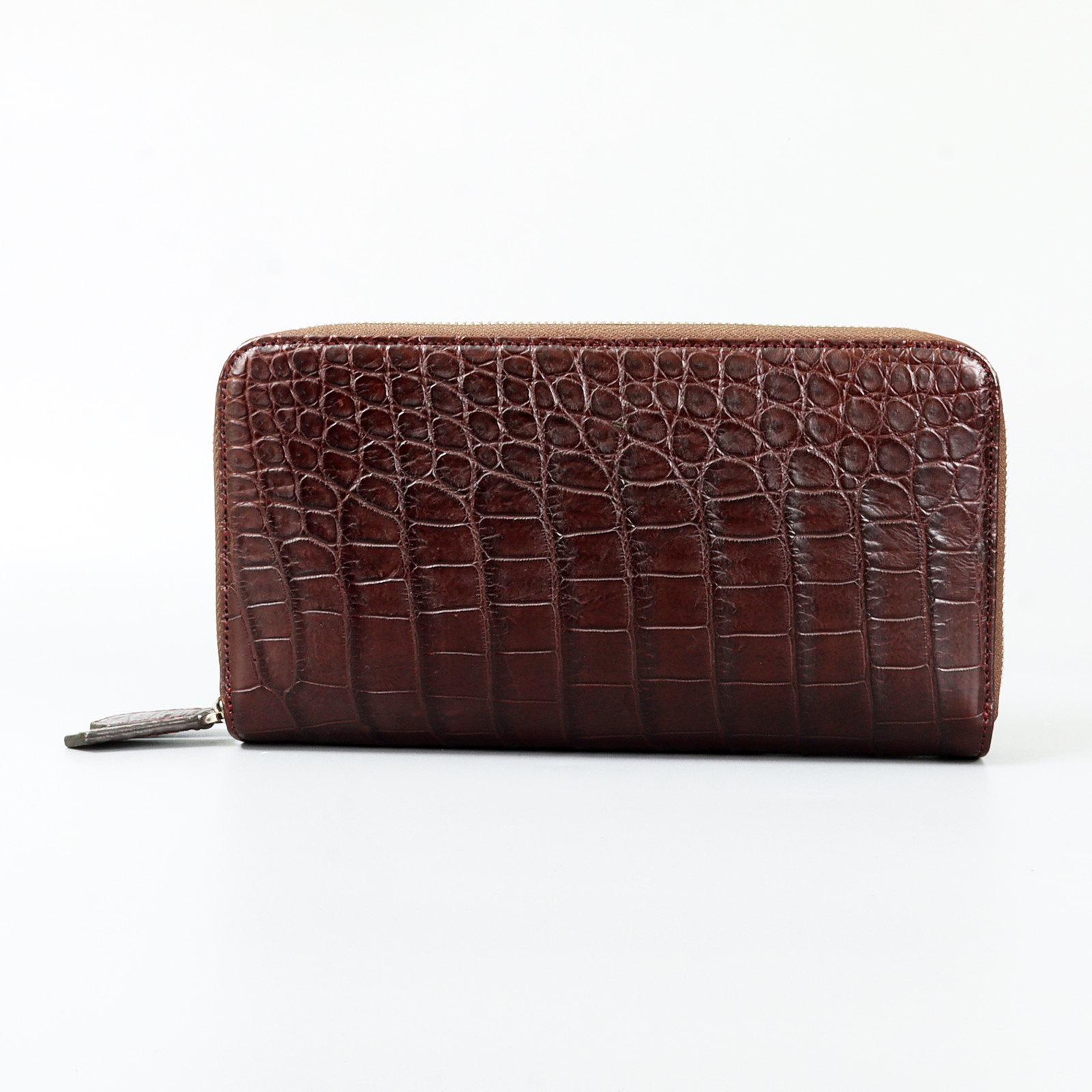 Genuine Leather Crocodile Skin Long Wallet 2 Zip-Around Clutch Handbag, Brown 2