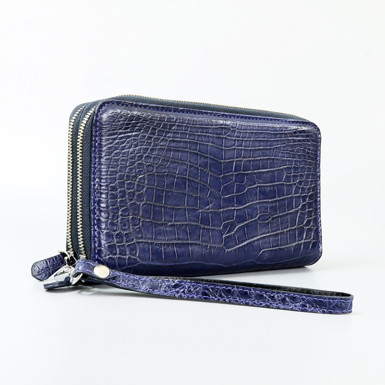 Genuine Leather Crocodile Skin Long Wallet 2 Zip-Around Clutch Handbag, Navy Blue