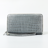 Genuine Leather Crocodile Skin Long Wallet 2 Zip-Around Clutch Handbag, Gray