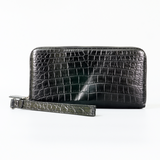 Genuine Leather Crocodile Skin Long Wallet 2 Zip-Around Clutch Handbag, Black 3