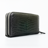 Genuine Leather Crocodile Skin Long Wallet 2 Zip-Around Clutch Handbag, Black 3