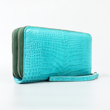 Genuine Leather Crocodile Skin Long Wallet 2 Zip-Around Clutch Handbag, Blue