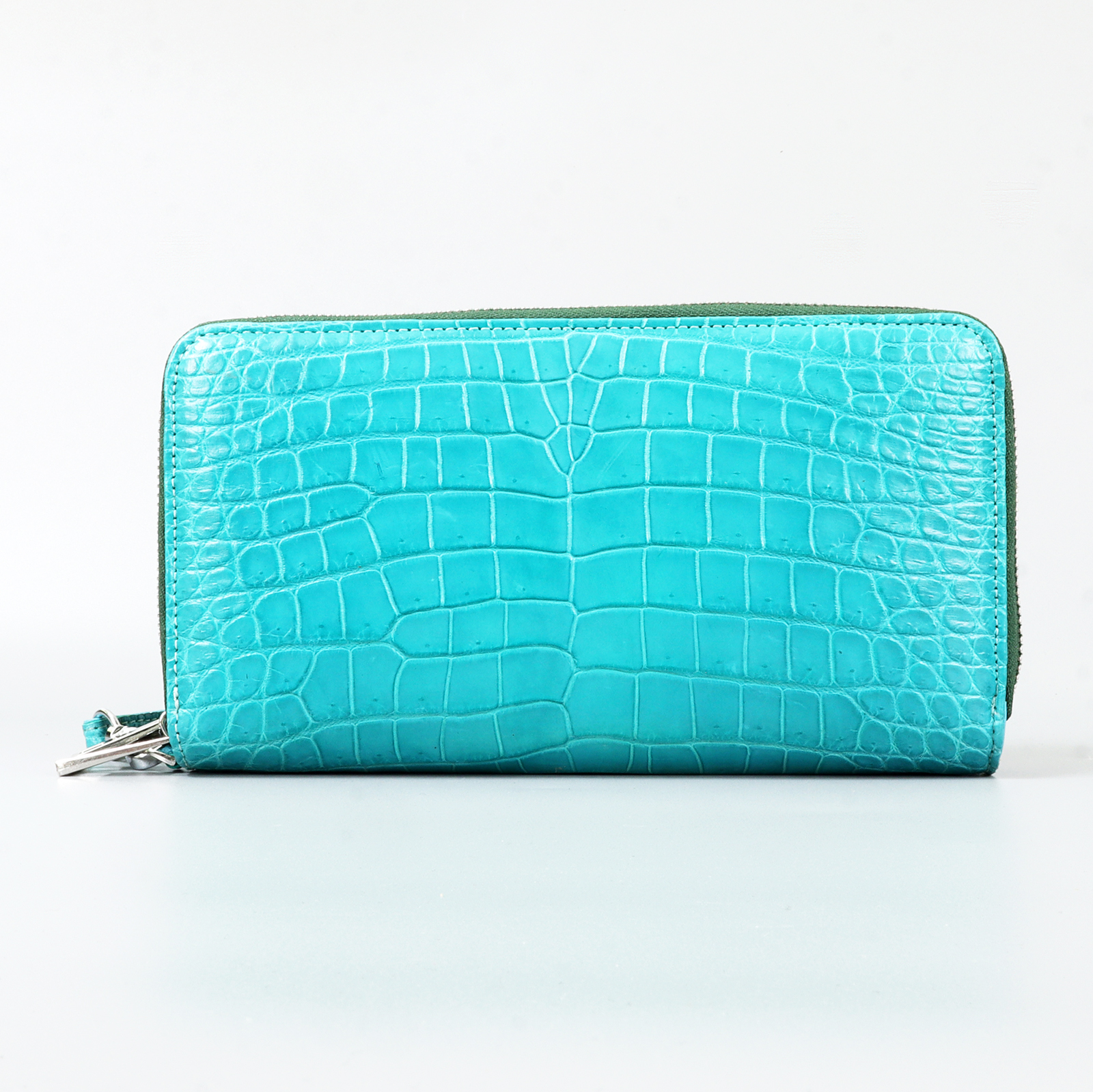 Genuine Leather Crocodile Skin Long Wallet 2 Zip-Around Clutch Handbag, Blue