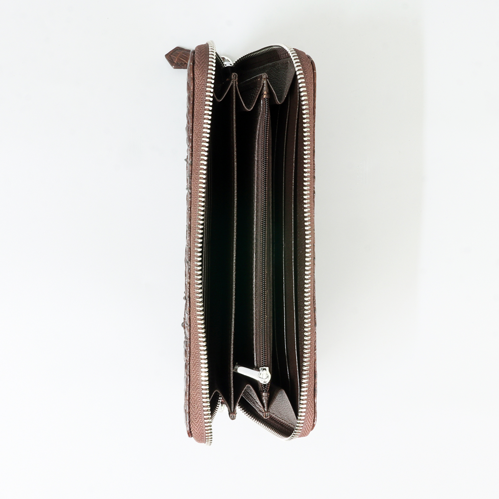 Genuine Leather Crocodile Skin Long Wallet 2 Zip-Around Clutch Handbag, Brown 4
